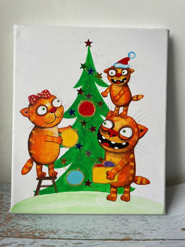 Christmas .Cats. Acrilyc on canvas 20x25 cm Hand Painted style Vasya Lozhkin