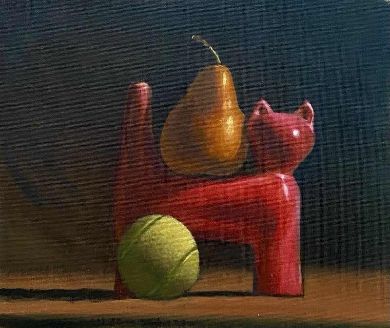 Pink Cat and Pear original still life oil painting art