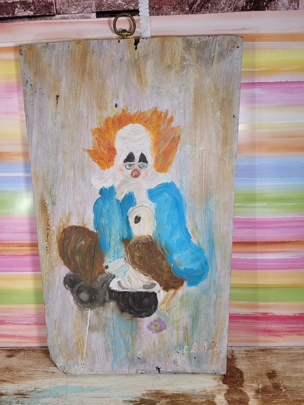 Vintage 60s Original Creepy Sad Clown Art Painting Salvaged Wood Signed Dated