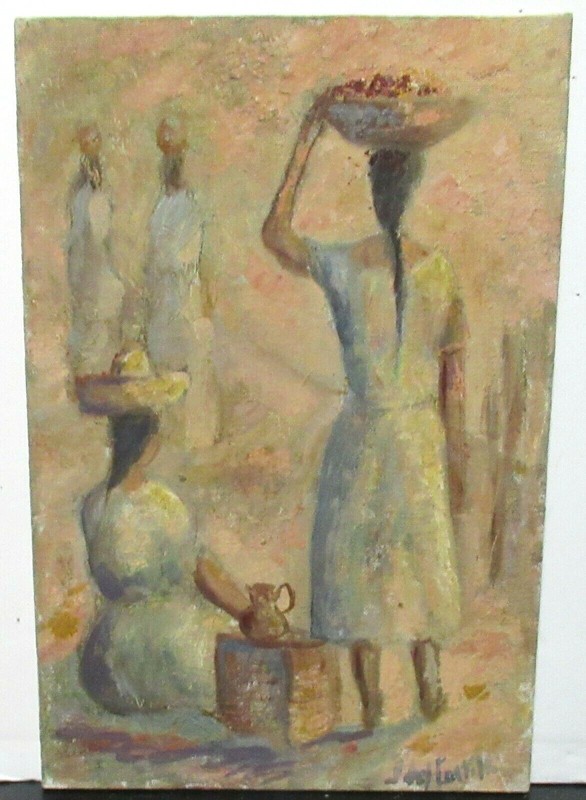 J DEL CASTILLO WOMAN AT A FRUIT MARKET OLD ORIGINAL OIL ON BOARD PAINTING