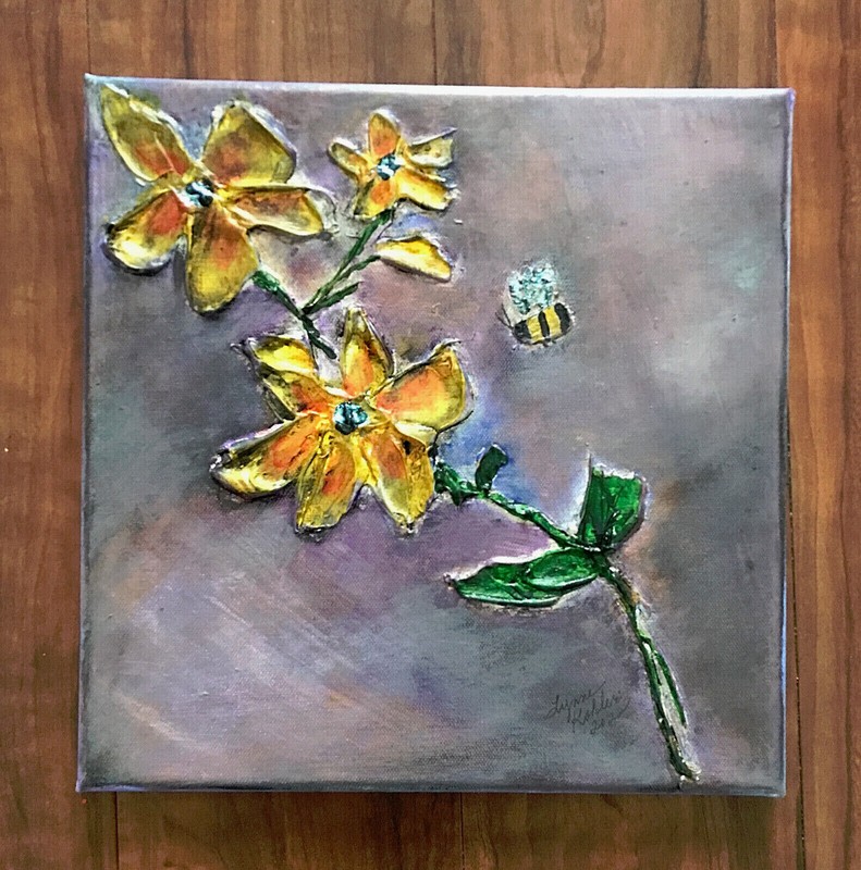 Original painting 12×12″ textured Canvas yellow Flowers Bee by Lynne Kohler