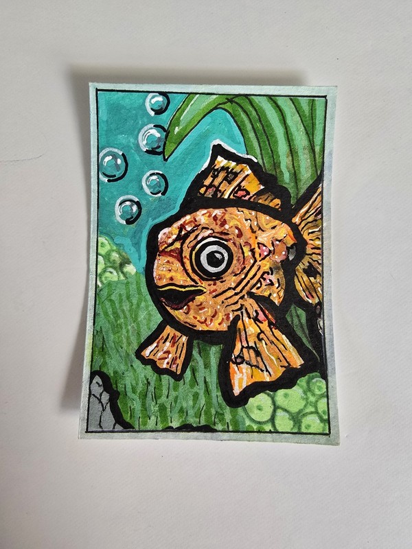 ACEO original painting Acrylic Fancy Goldfish Fish TRACY FLOOD