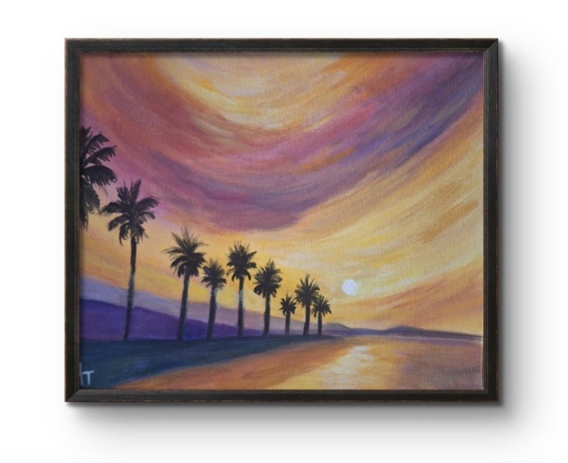 Original Palm Tree 11×14 Acrylic Painting Signed Impressionist Warm Red Art