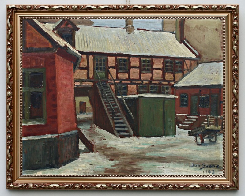 Jan Svane Winter Courtyard Timber Houses Oil on Wood Signed, Framed