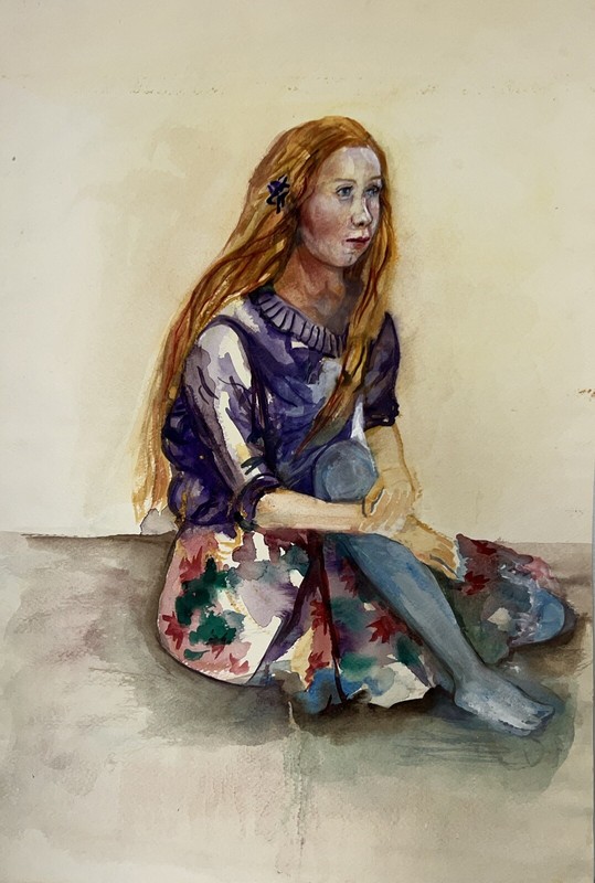 Watercolor Painting Portrait Artist JOAN PERRY Original Vintage Art 15”Wx22”H