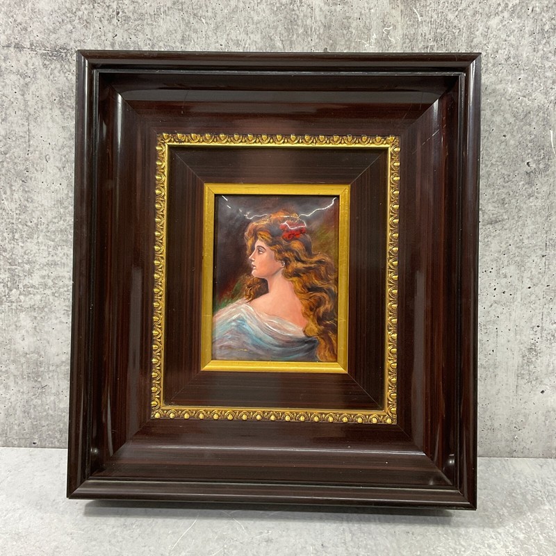 Vintage French Enamel Limoges F.J. Carmona Portrait Painting Rosewood Frame