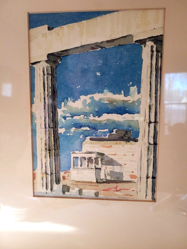 Contemporary Greek signed Original Watercolor KARYATIDS-ACROPOLIS-Framed 11 x 15 gallery