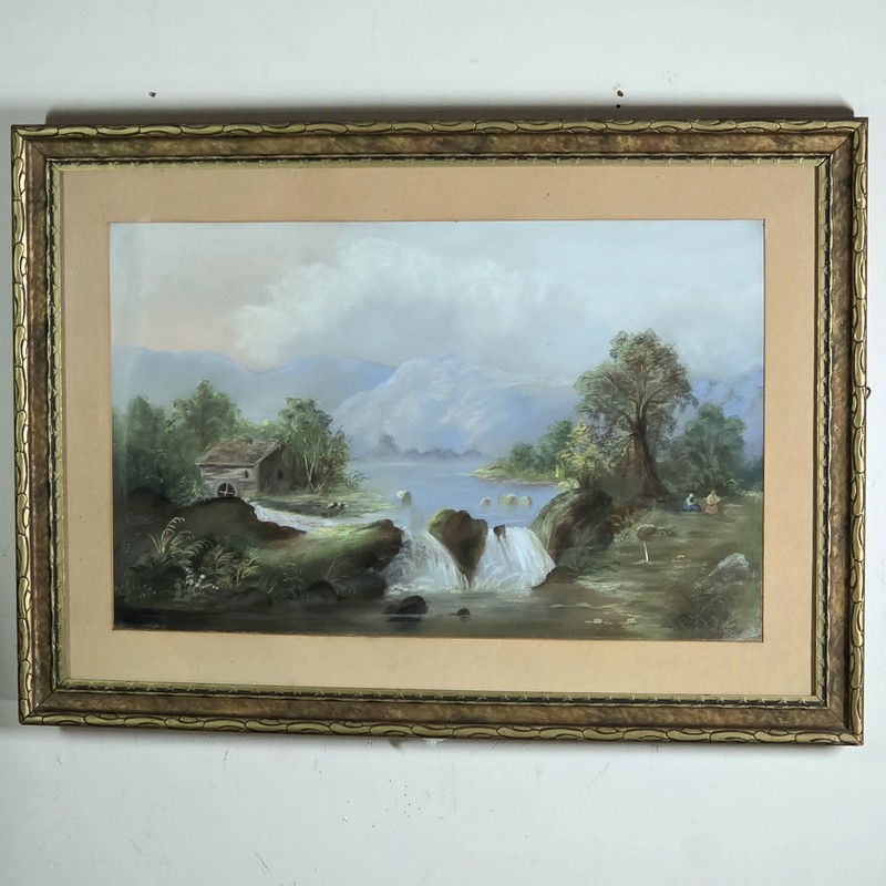 Large Antique Pastel Landscape with Waterfall and Mill Ohio