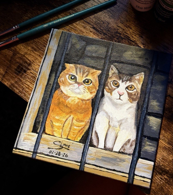 C.M. Signed Dated Two Cats Acrylic Canvas Painting Original Small Unframed