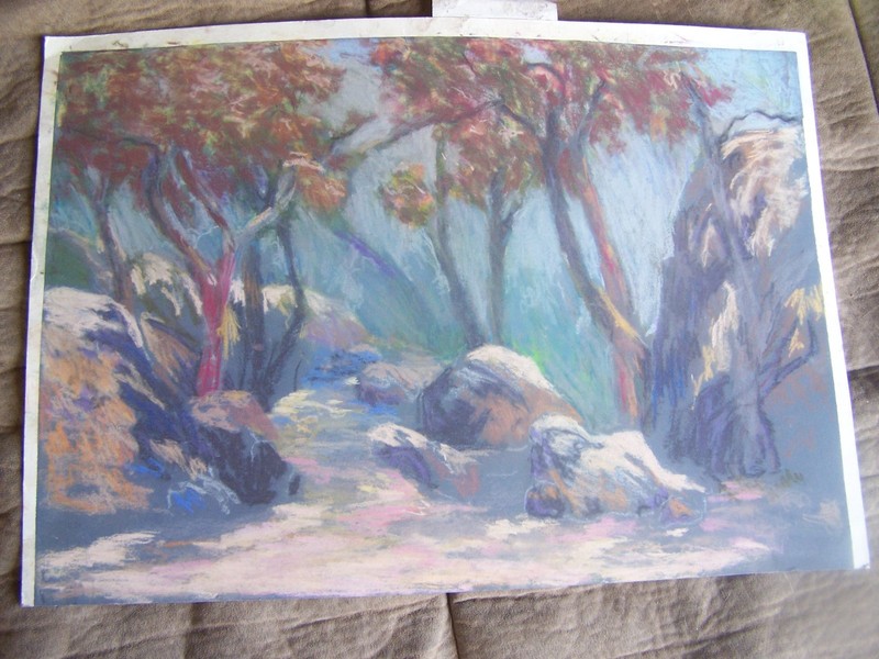 Original Pastel By Peg Humphreys, Trees & Boulders 14″ x 19 1/2″