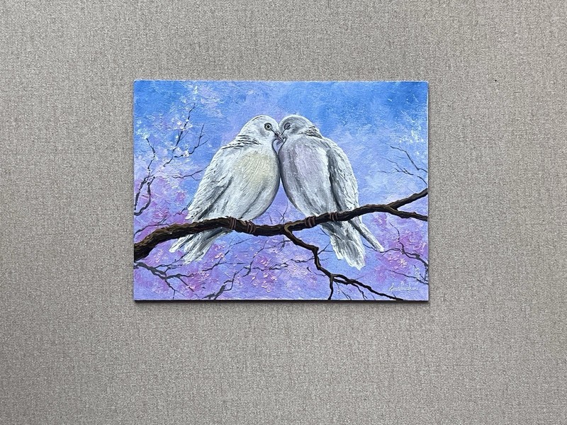 Love Birds Original Oil Painting, Pair of Doves on Blossom Branch, Romantic Art gallery