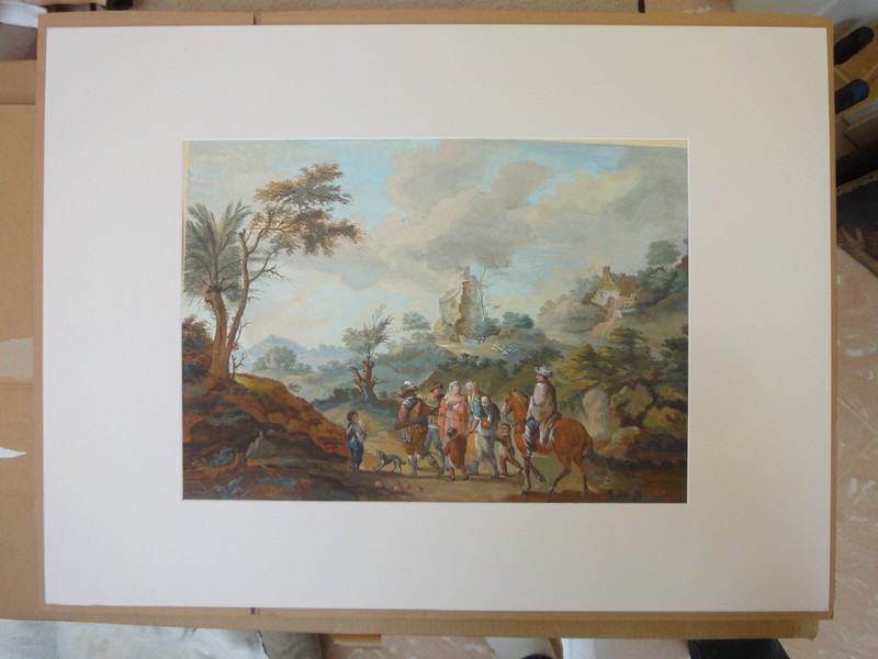 Antique gouache painting baroque landscape horse rider dated about 1750