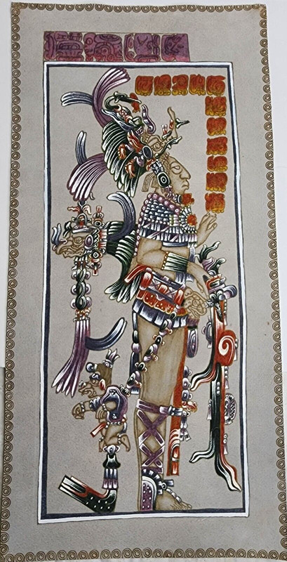 Mayan Pyrography on Suede Leather Painting of Chan-Bahlum 22.5″ x 11″ READ DES