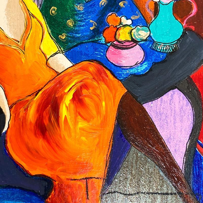 Itzchak Tarkay (1935-2012) "Chit Chat" Mixed Media Over Paint on Wood Signed gallery