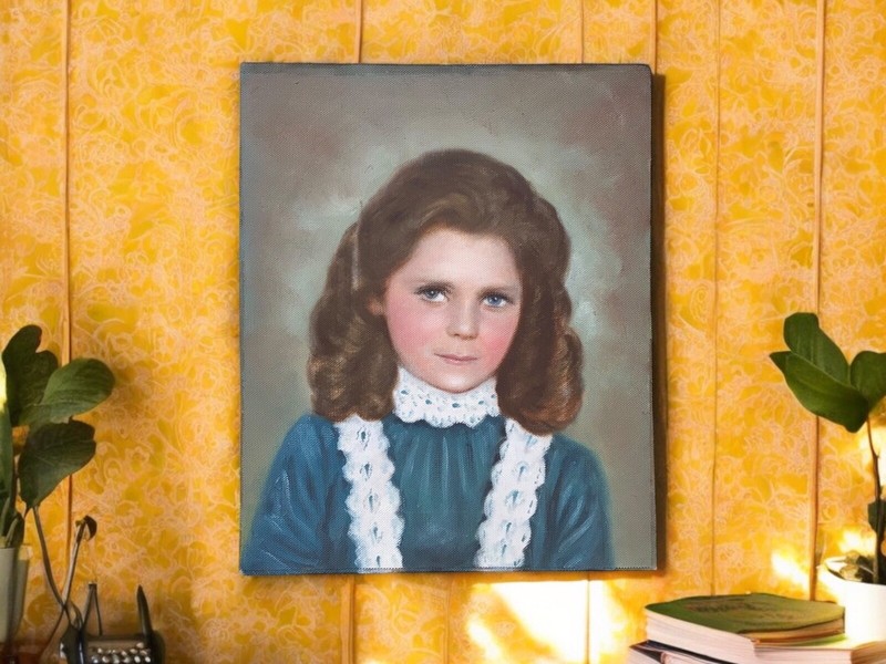 Vintage Mid-century Girl Portrait Painting Unframed 10 x 8 In
