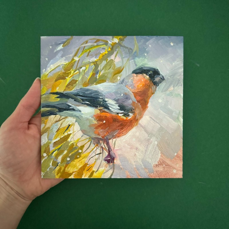 Bullfinch Bird Painting Original Small Oil Bird Artwork Bird Lover Gift 6x6 gallery