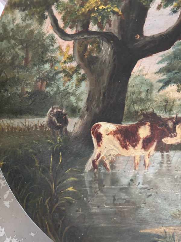 Hand Painted Wood Collector Plate Round Multicolor Cows Landscape Scene gallery