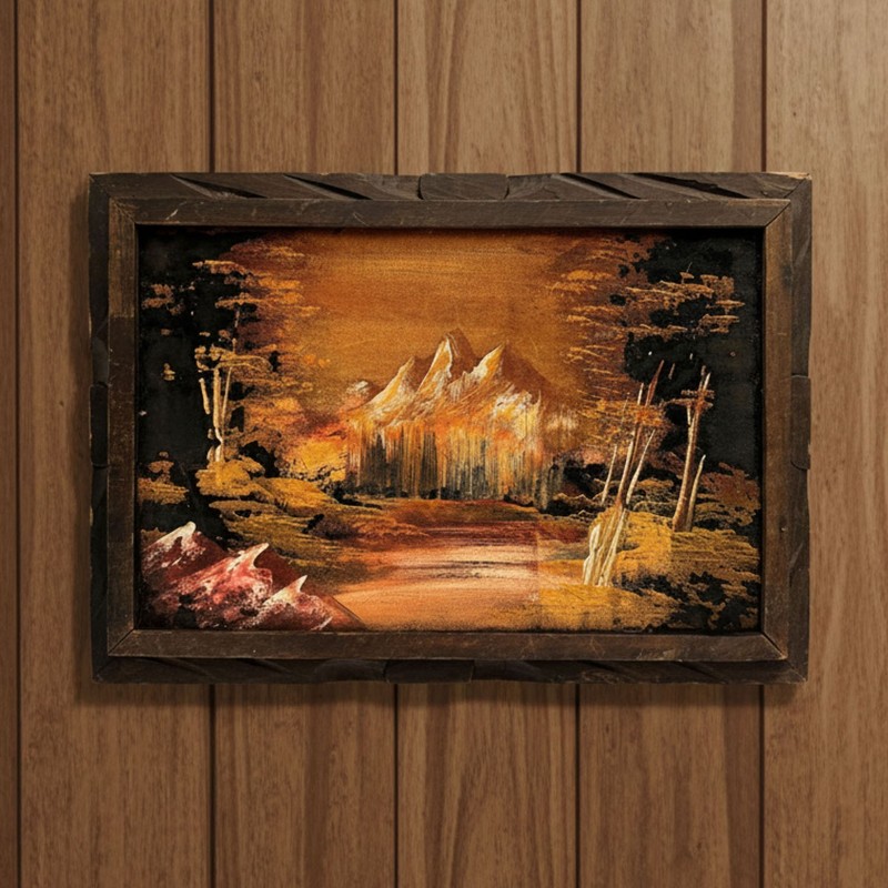 Vintage Black Velvet Landscape Oil Painting in Hand Carved Cedar Frame 18 x 12