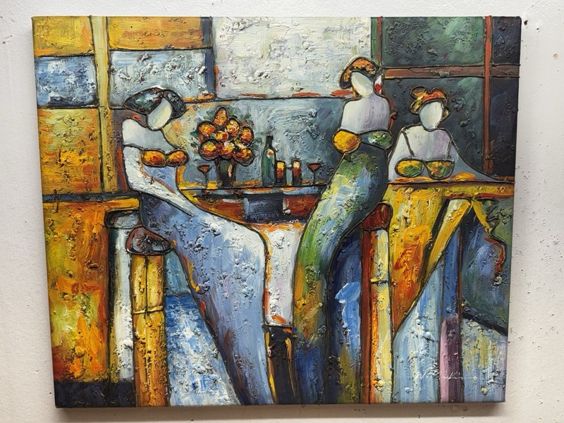 W. Mirkin Signed Colorful, Bold, Impasto Women Bar Scene Abstract Oil Painting gallery