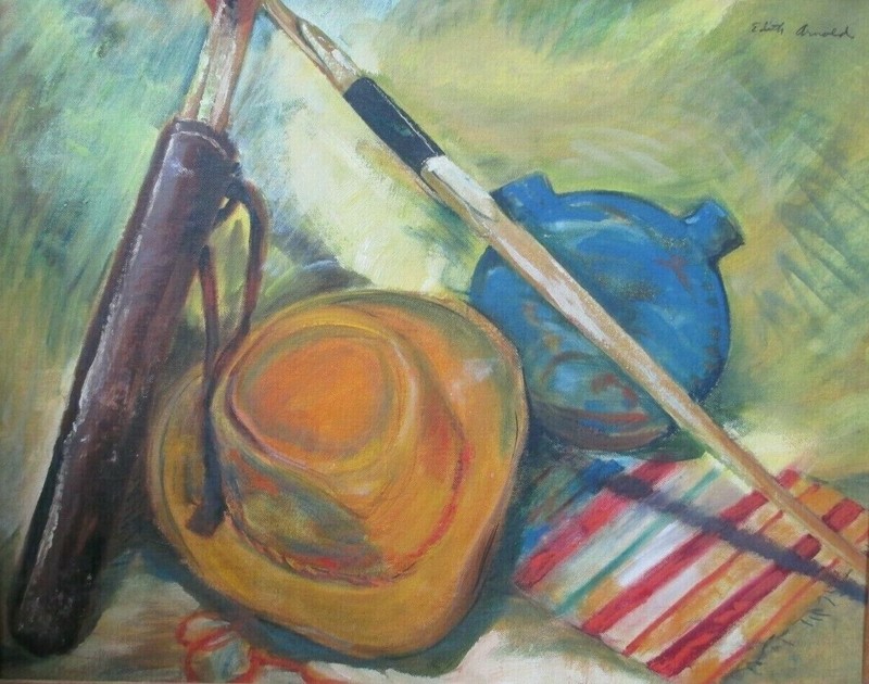 Edith Arnold Original Still Life Cowboy Hat Paintbrush Western Oil/Board Vintage