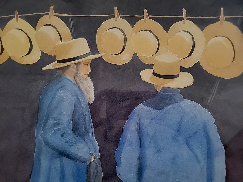 Vintage Amish Men Hanging Straw Hats Hat Maker Watercolor Painting Framed