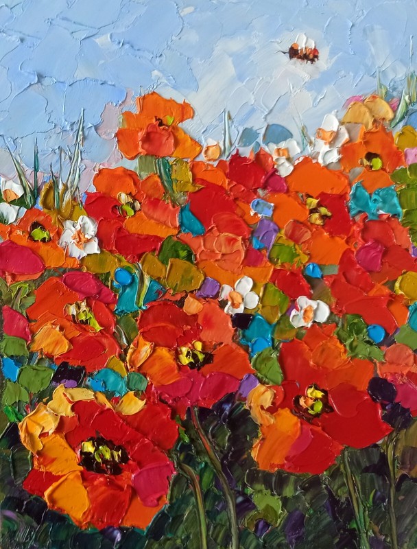 Original Oil Painting Red Poppy Flower Impasto Painting on panel 8x6in