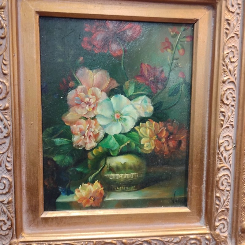 Floral Oil Painting Ornate Gold Frame Signed VARGAS 22 x19 gallery
