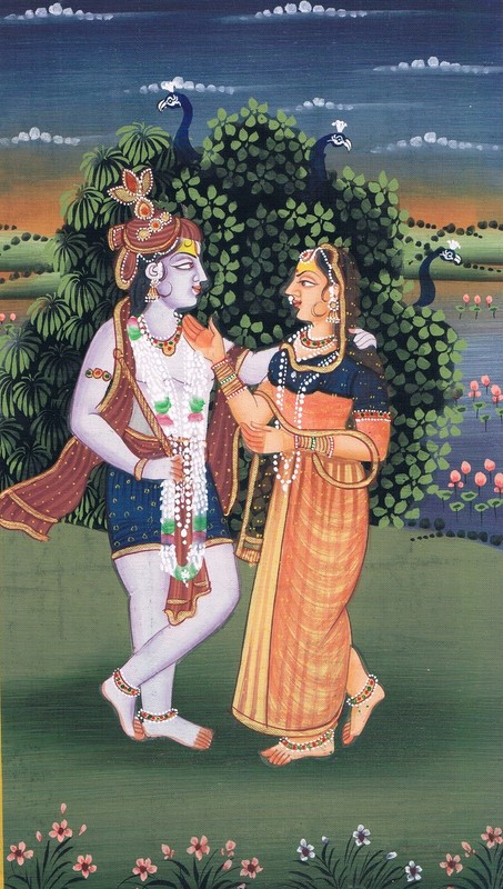 Beautiful Painting Of Radha Krishna In Love Scene Art On Silk Cloth 7x11 Inches gallery