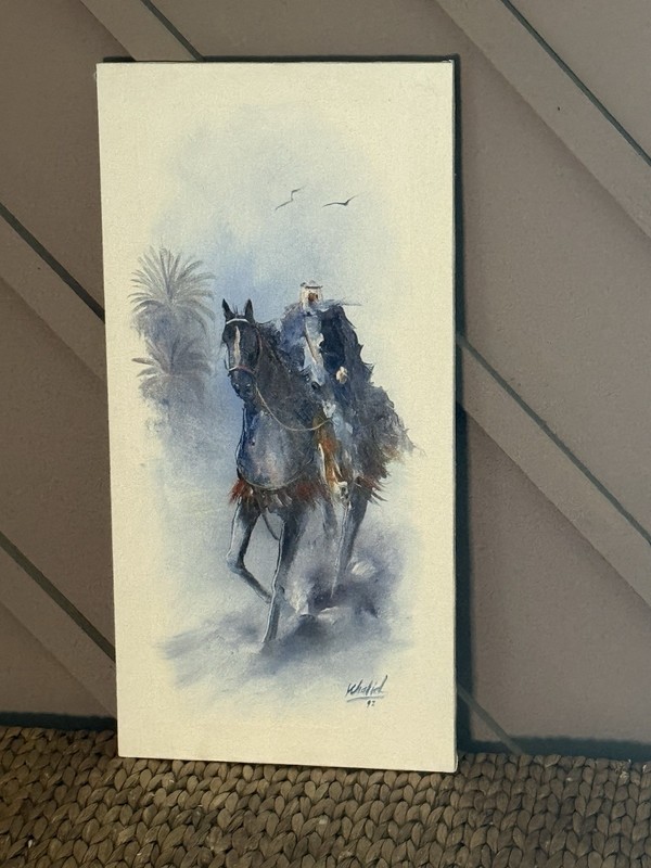 Original Signed Khalid 1992 Oil Painting Arabian Horse Rider Middle Eastern