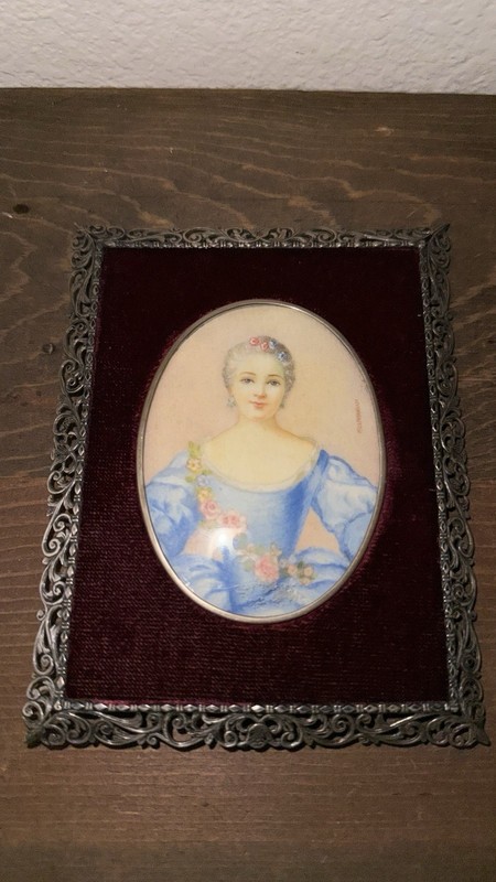 Antique Signed Hand Painted Miniature Portrait Painting Woman Silver Frame