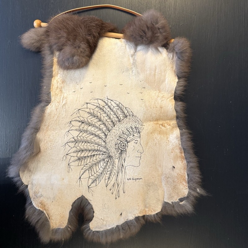 Ruth Jorgensen Ink Drawing on Rabbit Pelt – Native American Chief Art Wall Decor