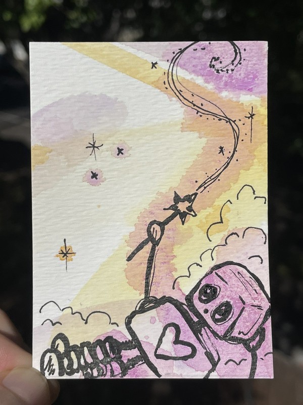 Cute celestial Love Robot 2/3 Original ACEO watercolor Painting Heart Fantasy