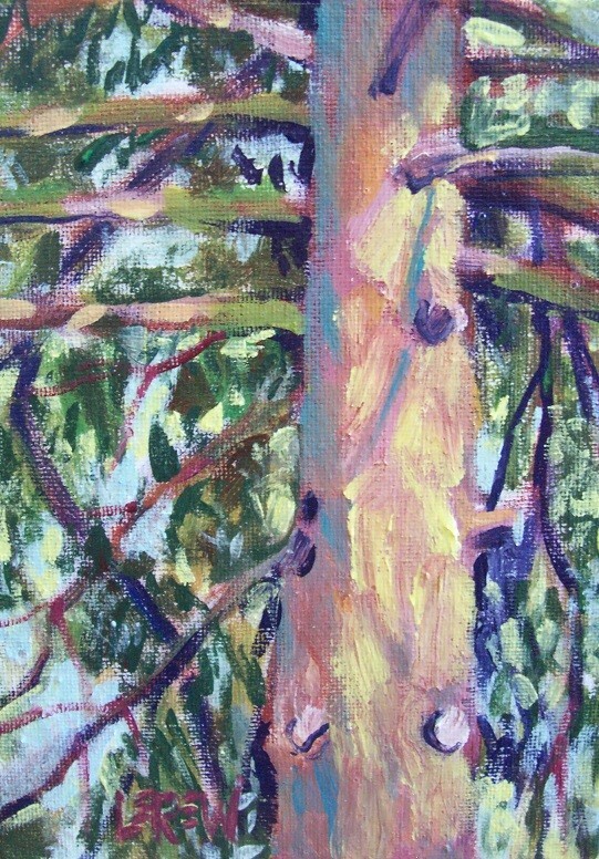Larry Lerew painting impressionism collectible original pine tree trunk COA