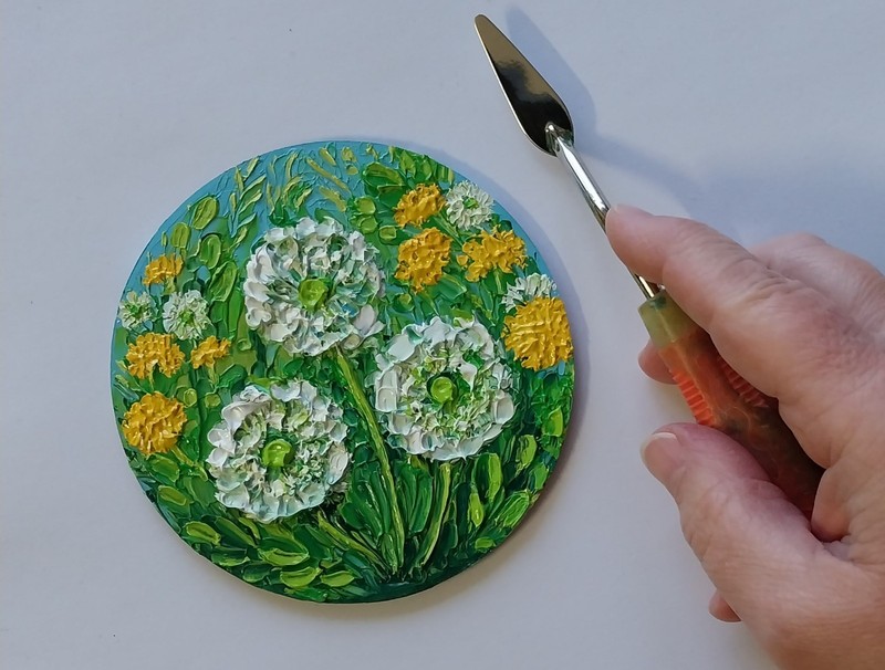 Dandelion Wildflowers Field Flowers Round Art 4x4" Impasto Oil Painting Original gallery