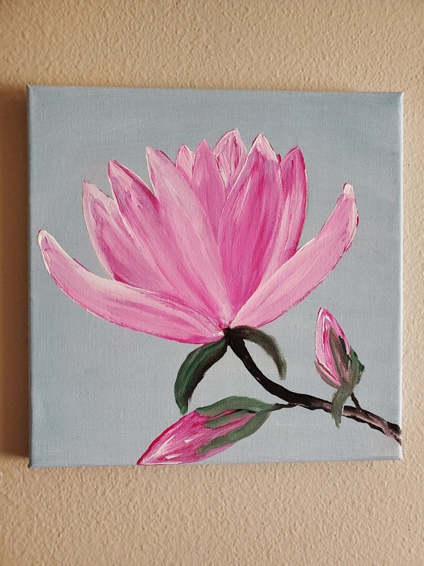 Handmade Acrylic Painting Wooden Frame 10×10 Art Decor Flowers Magnolia Pink