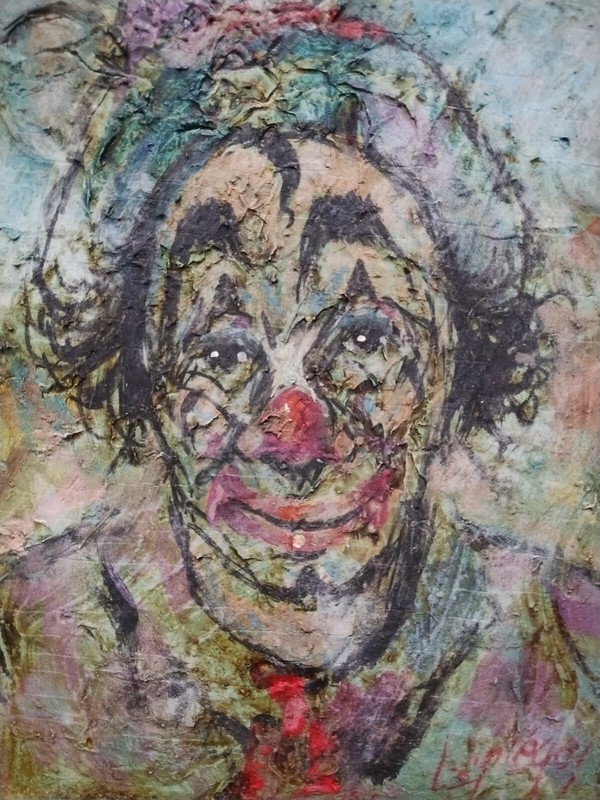 Vtg Louis Lou Spiegel Clown Painting 8×10″ signed oil MCM Mid Century Modern