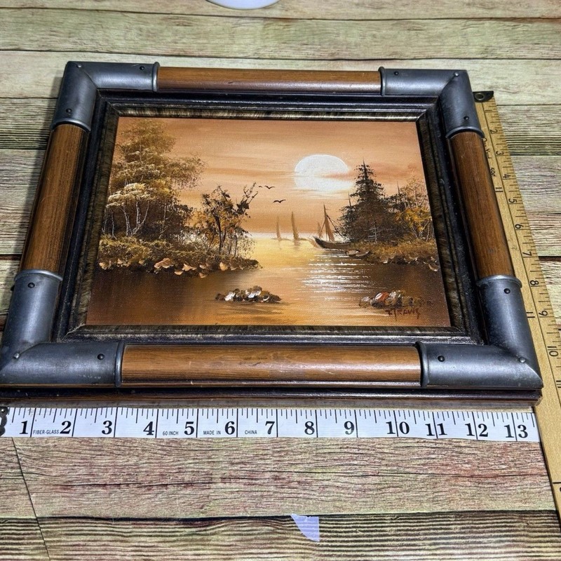 Oil Painting Signed T Travis Lakeside River Sailboats Seascape Framed Nautical gallery