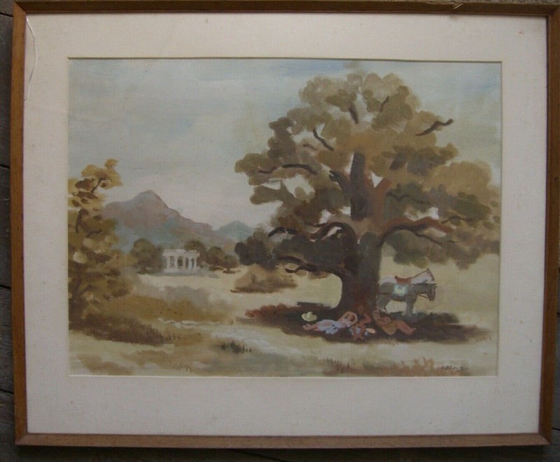 Family Rests Under Trees E. Ehsos ? Signed Mediterranean 1940 Expressionist