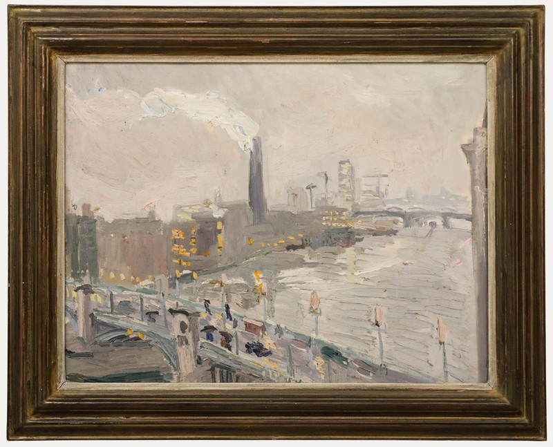 Manner of Ken Howard – Framed 20th Century Oil, View Over the Thames