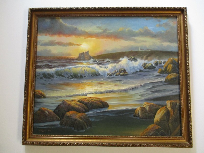 Coastal Sunset Beach Painting Landscape American Vintage Nautical Seascape Oil
