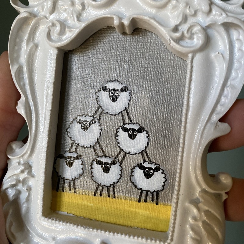 Funny Sheep Original Painting On Paper,4/5,framed,gold,miniature,small,mini,cute gallery