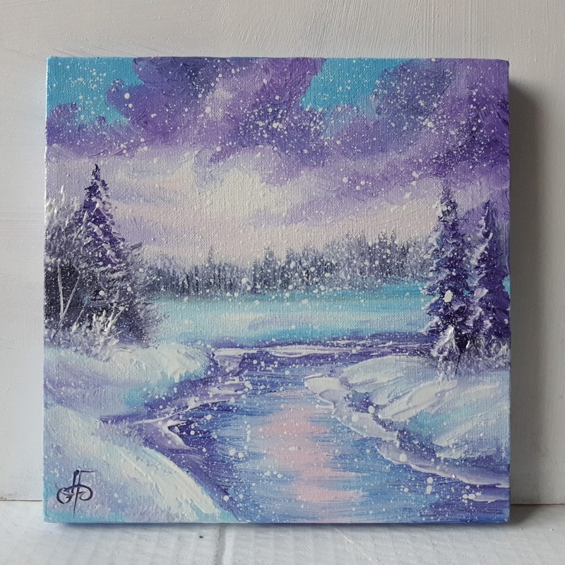 Original Winter Landscape River Snowfall Oil Painting Blue Purple Morning Art gallery