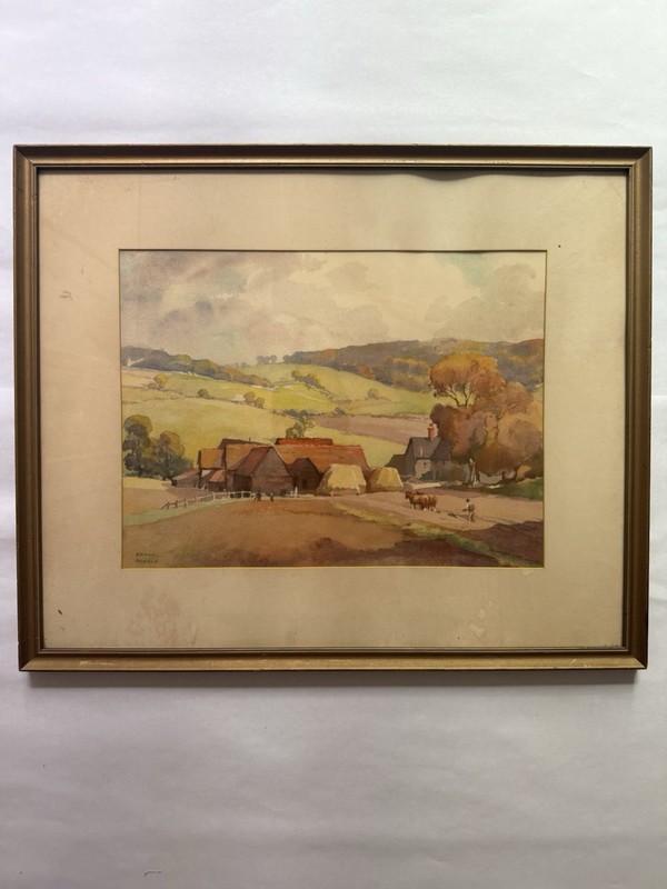 Signed Frank Neville English Countryside Watercolor Landscape Framed