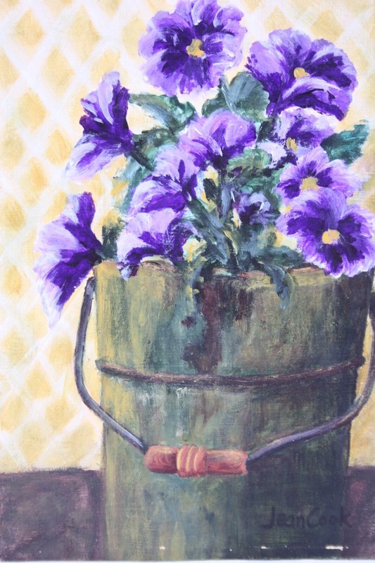 Jean Cook Signed 7x5 Acrylic Bucket of Flowers Painting on Board gallery