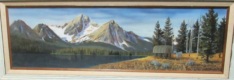 LAMAR ROWBURY ORIGINAL OIL ON BOARD WESTERN HORSE WAGON LANDSCAPE PAINTING