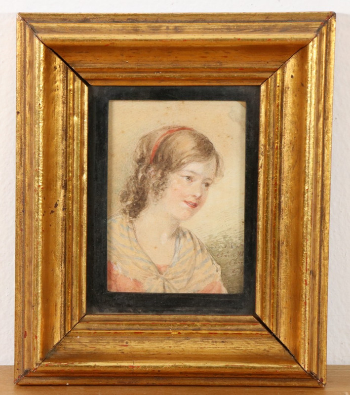 Antique Biedermeier Portrait Painting Young Lady Circa 1850 Watercolor Gouache Signed gallery