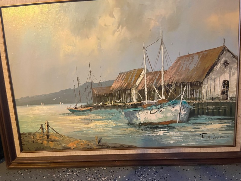 R. Wood Vintage Original Coastal Harbor Landscape Oil Painting Signed framed