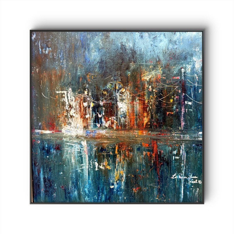 Night Lights 12″x12″Expressionsim Oil & Cold Wax Cradled Board Design Art