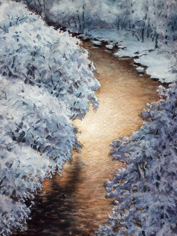 Original Watercolor Winter Fantasy Forest – Glowing River at Sunset 9.8” x 14″