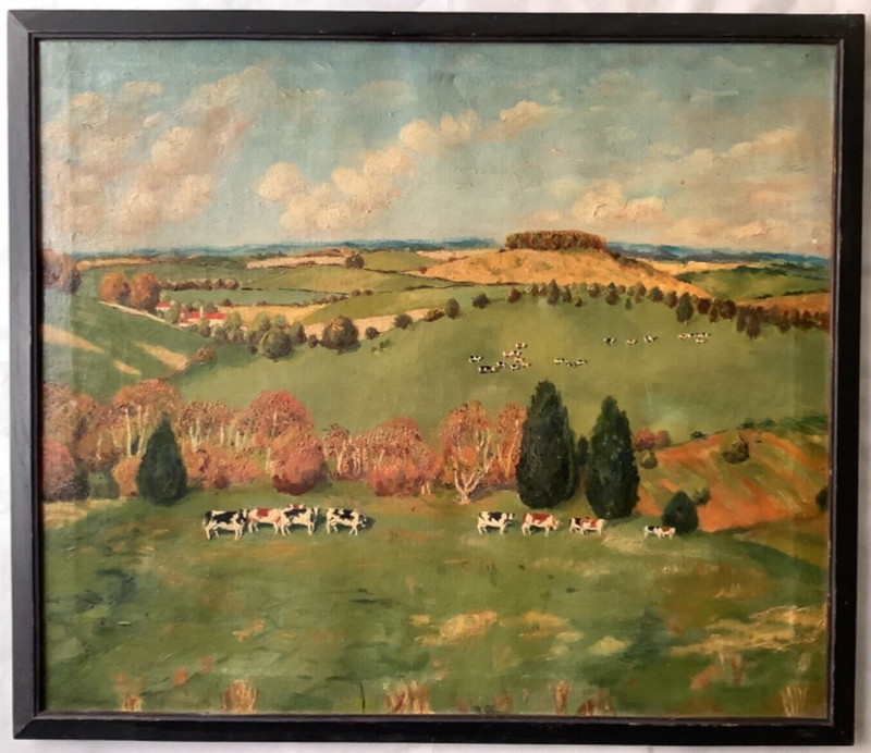 FOLK ART Landscape with Cows in the Meadow Oil canvas painting